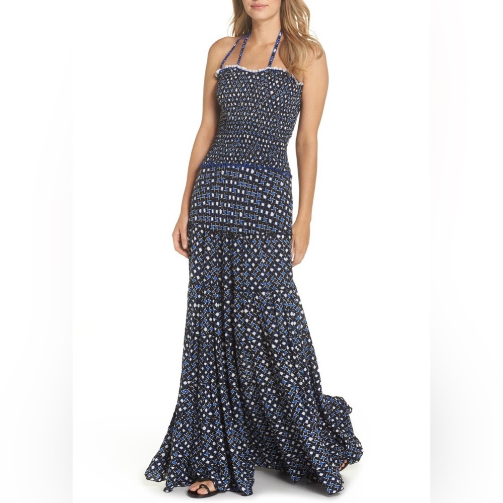 Poupette St Barth Foe Panelle Smocked Halter Tiered Maxi Dress Size XS